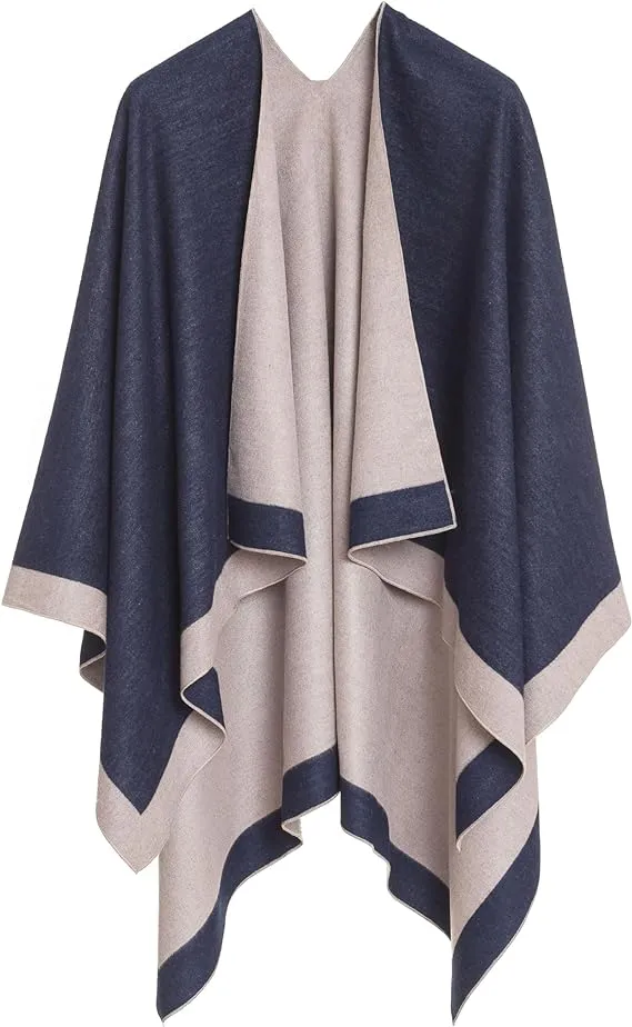 Beige-White Luxurious Knit Sweater Poncho Cardigan