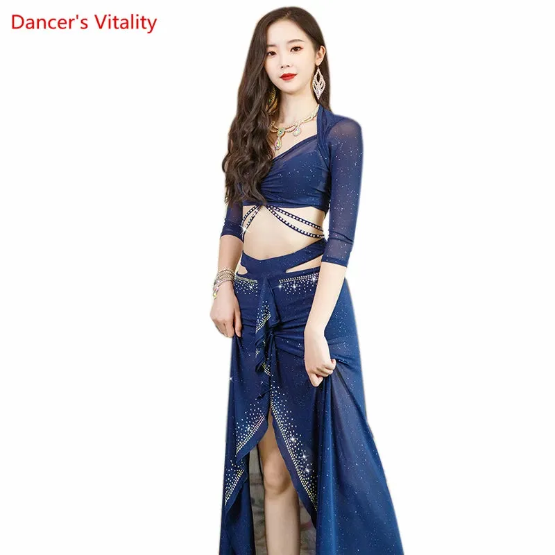 Belly Dance Performance Clothing Suit for Women Bellydance Half Sleeves Top mesh Long Skirt 2pcs Oriental  Professional Set Wear