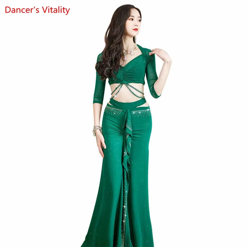 Belly Dance Performance Clothing Suit for Women Bellydance Half Sleeves Top mesh Long Skirt 2pcs Oriental  Professional Set Wear