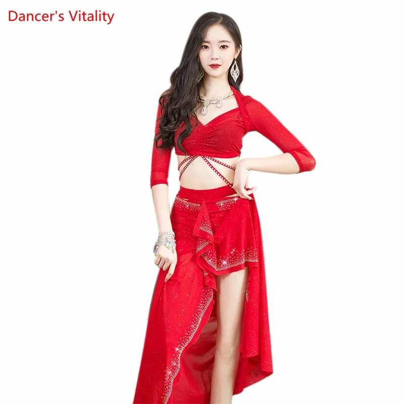 Belly Dance Performance Clothing Suit for Women Bellydance Half Sleeves Top mesh Long Skirt 2pcs Oriental  Professional Set Wear