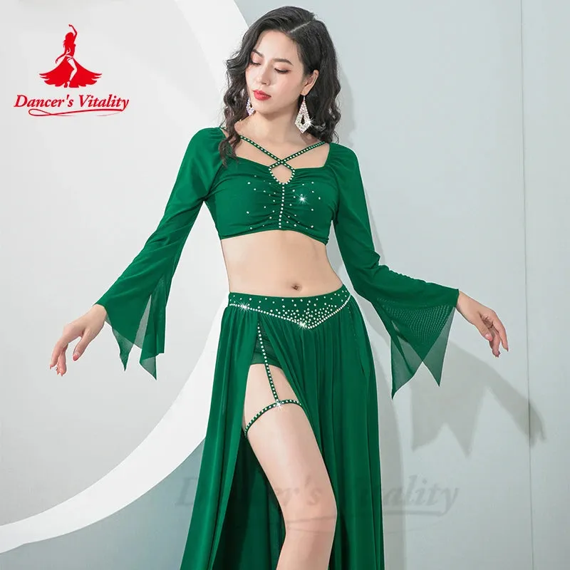 Belly Dance Performance Suit for Women Mesh Long Sleeves split Long Skirt 2pcs Oriental Belly Competition Professional Cothing