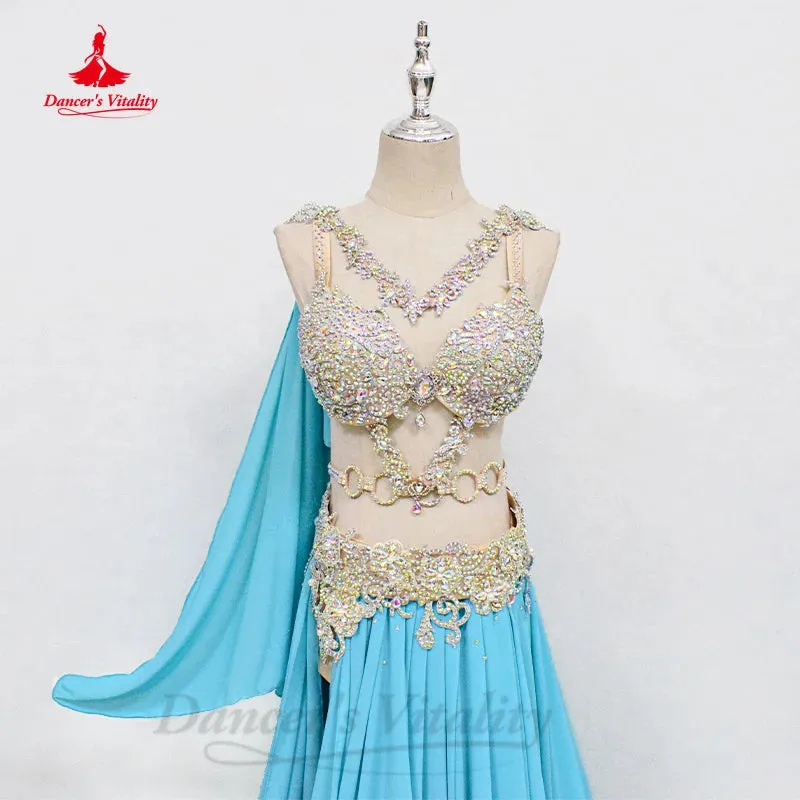 Bellydance Costume Set Customized Luxury AB Stones Bra sexy Split Long Chiffon Skirt 2pcs Oriental Dance Performance Clothing