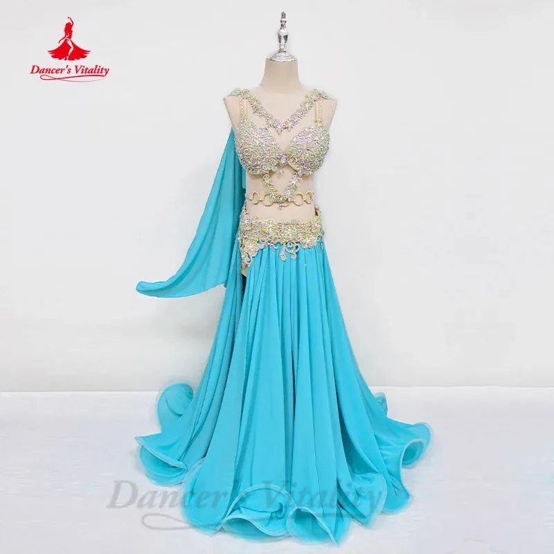 Bellydance Costume Set Customized Luxury AB Stones Bra sexy Split Long Chiffon Skirt 2pcs Oriental Dance Performance Clothing