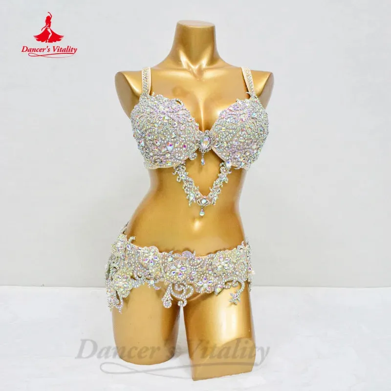 Bellydance Costume Set Customized Luxury AB Stones Bra sexy Split Long Chiffon Skirt 2pcs Oriental Dance Performance Clothing