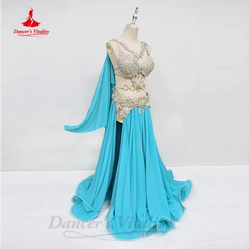 Bellydance Costume Set Customized Luxury AB Stones Bra sexy Split Long Chiffon Skirt 2pcs Oriental Dance Performance Clothing