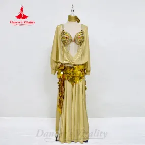 Bellydance Costume Women Customized AB Stones Bra Elegant Robe Sequin Hip Scarf Headscarf 4pcs Belly Dance Performance Costumes