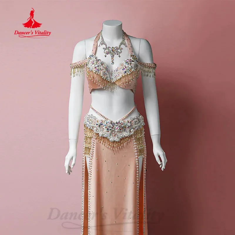 Bellydance Suit Women Customized Exquisite Pearls Bra  Luxury Rhinestones Long Skirt 2pcs Oriental Dance Performance Clothing