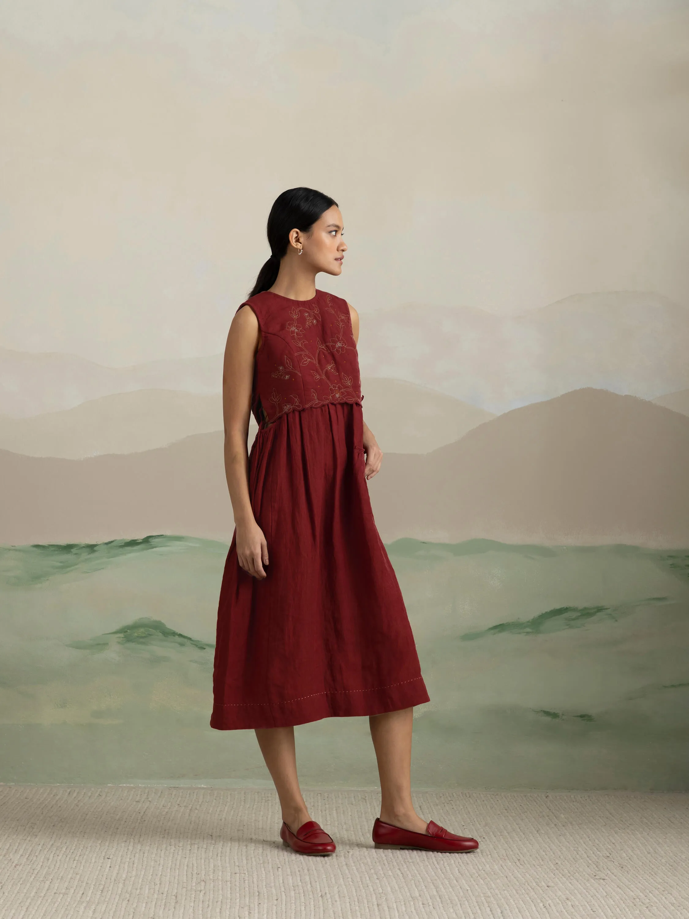 Berry Quilt Linen Midi Dress