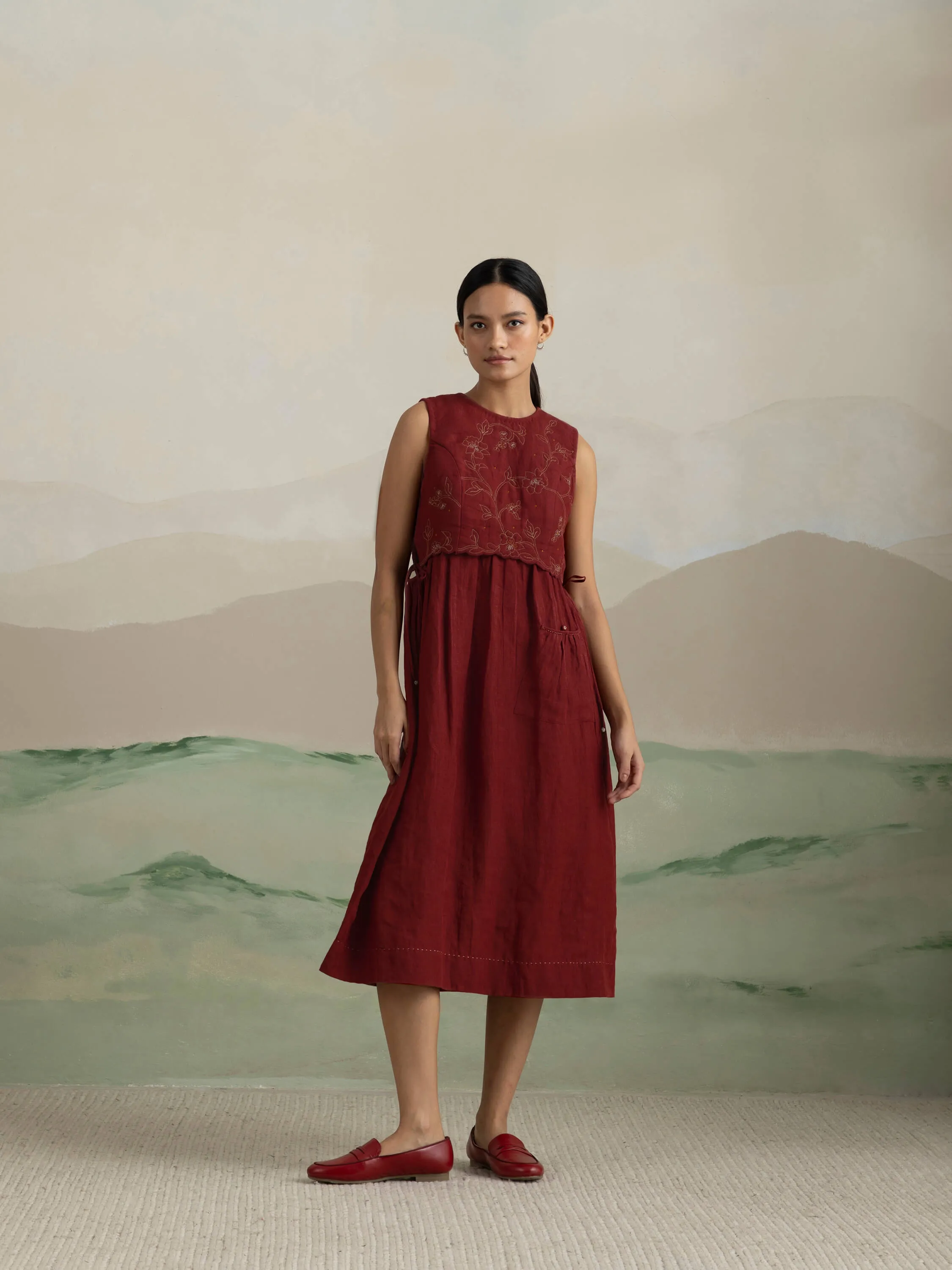 Berry Quilt Linen Midi Dress