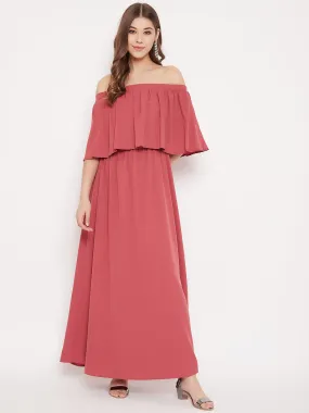 Berrylush Women Solid Dark Pink Off-Shoulder Neck Three-Quarter Sleeves Crepe Flared Maxi Dress