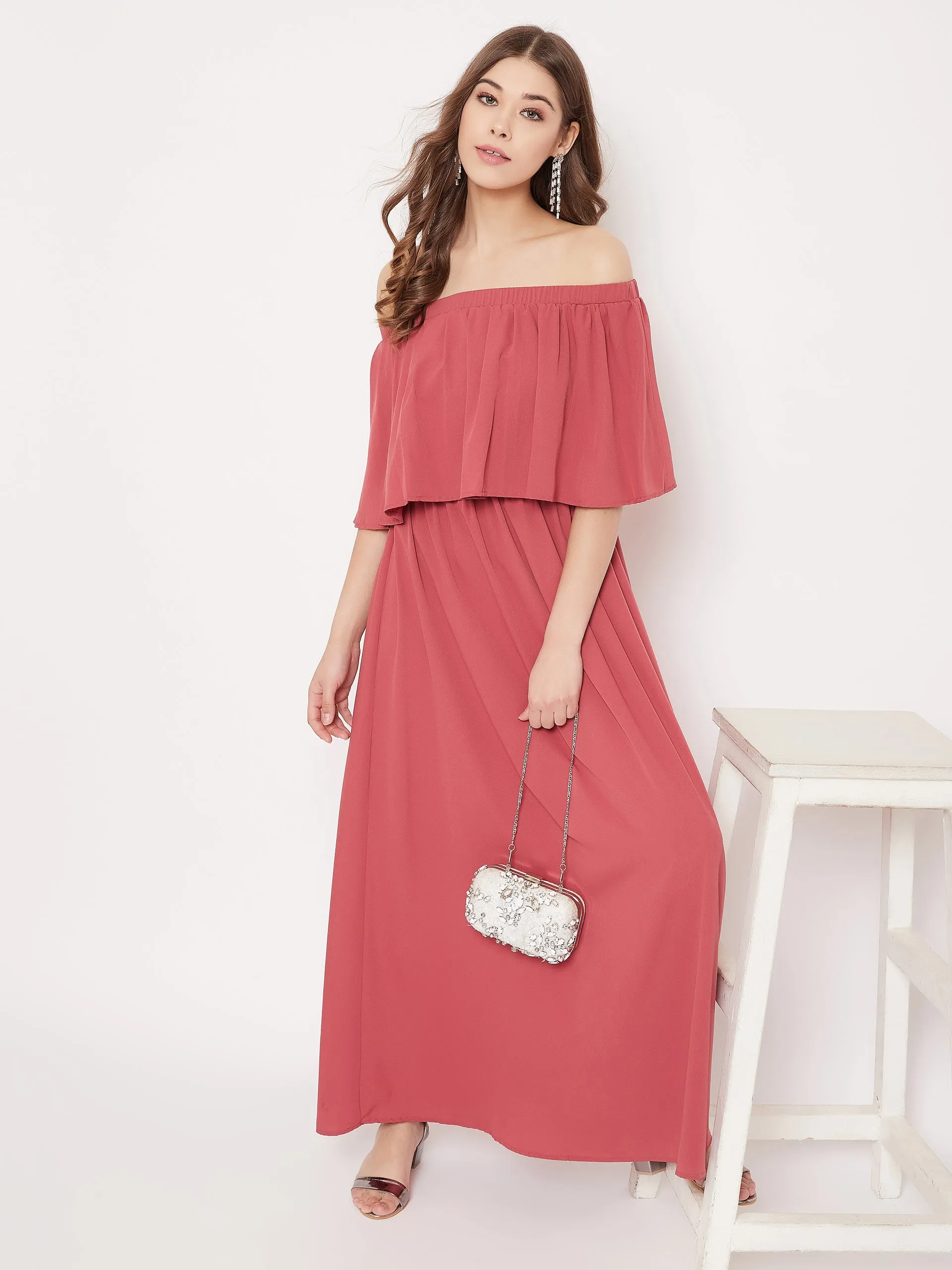 Berrylush Women Solid Dark Pink Off-Shoulder Neck Three-Quarter Sleeves Crepe Flared Maxi Dress