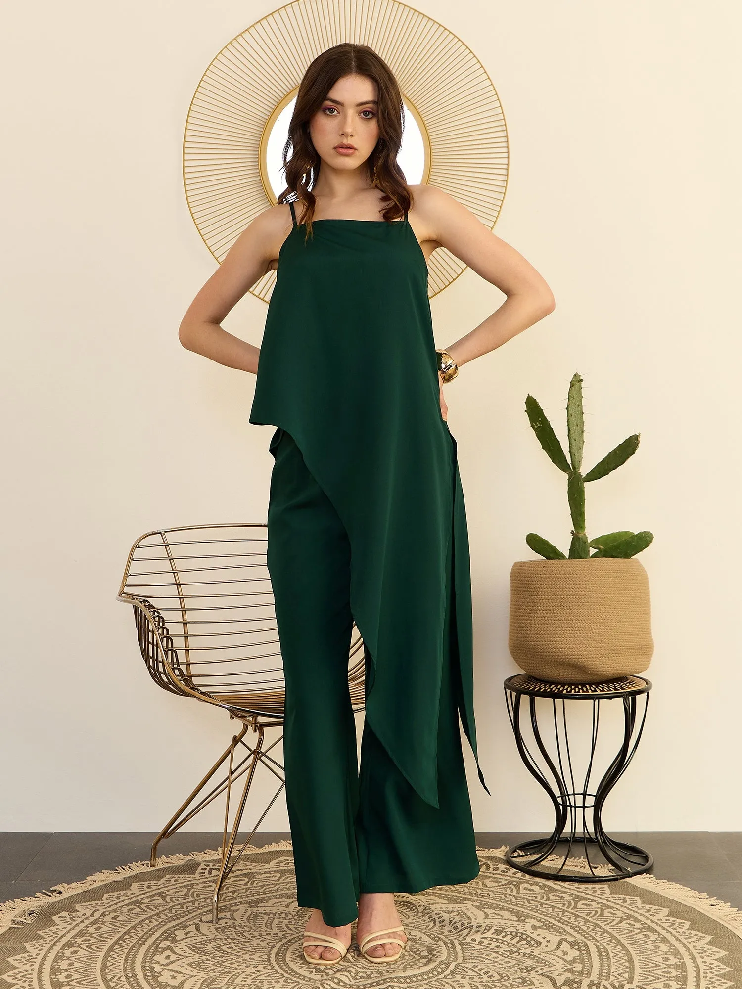 Berrylush Women Solid Green Square Neck Sleeveless High-Low Hem Side-Slitted Longline Top & Wide-Leg Maxi Trousers Co-Ord Set