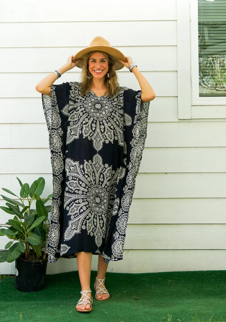 Black Butterfly Mandala Kimono Kaftan Dress