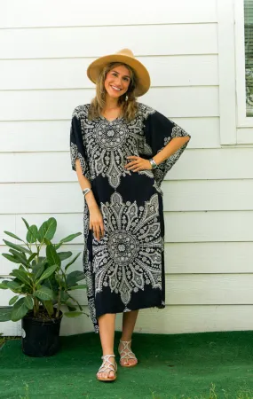 Black Butterfly Mandala Kimono Kaftan Dress