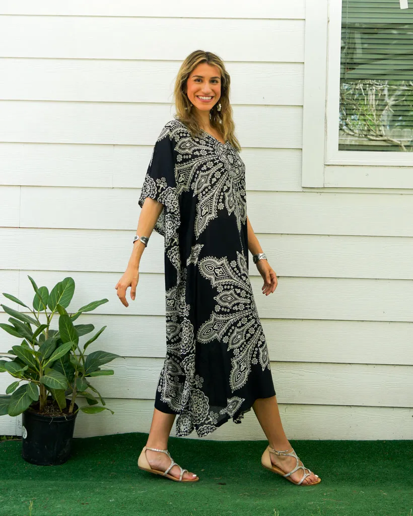 Black Butterfly Mandala Kimono Kaftan Dress