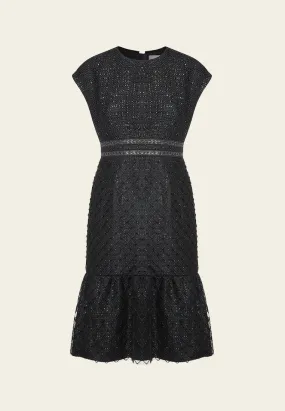 Black Cap-sleeved Embroidered Mesh Tweed Dress