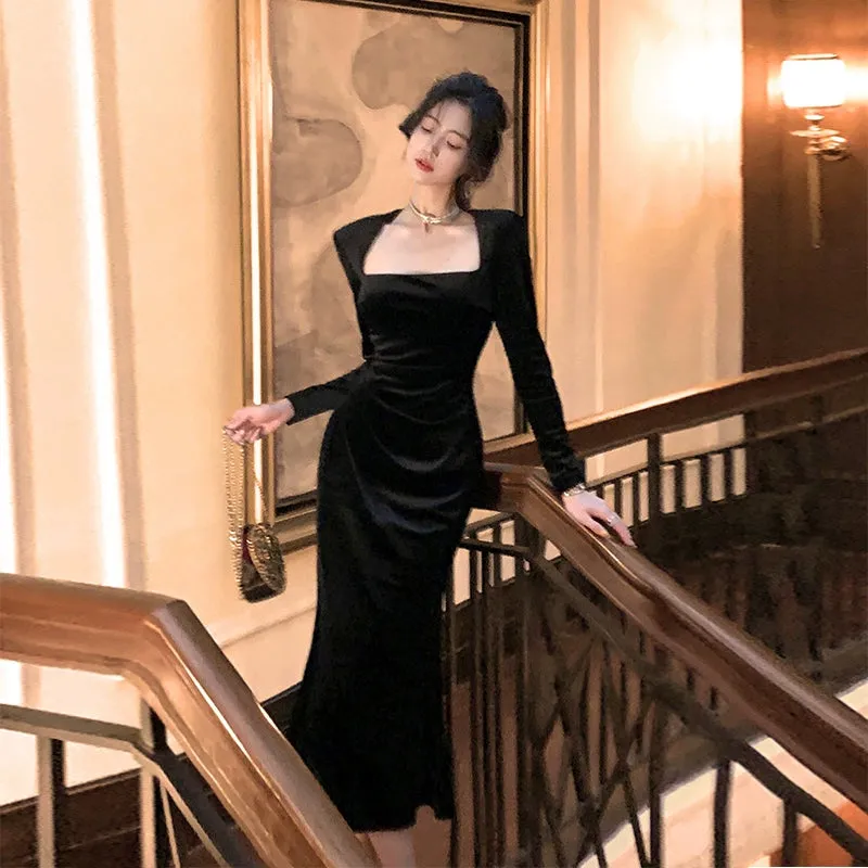 Black dress luxury dress mermaid velvet dress    S5843