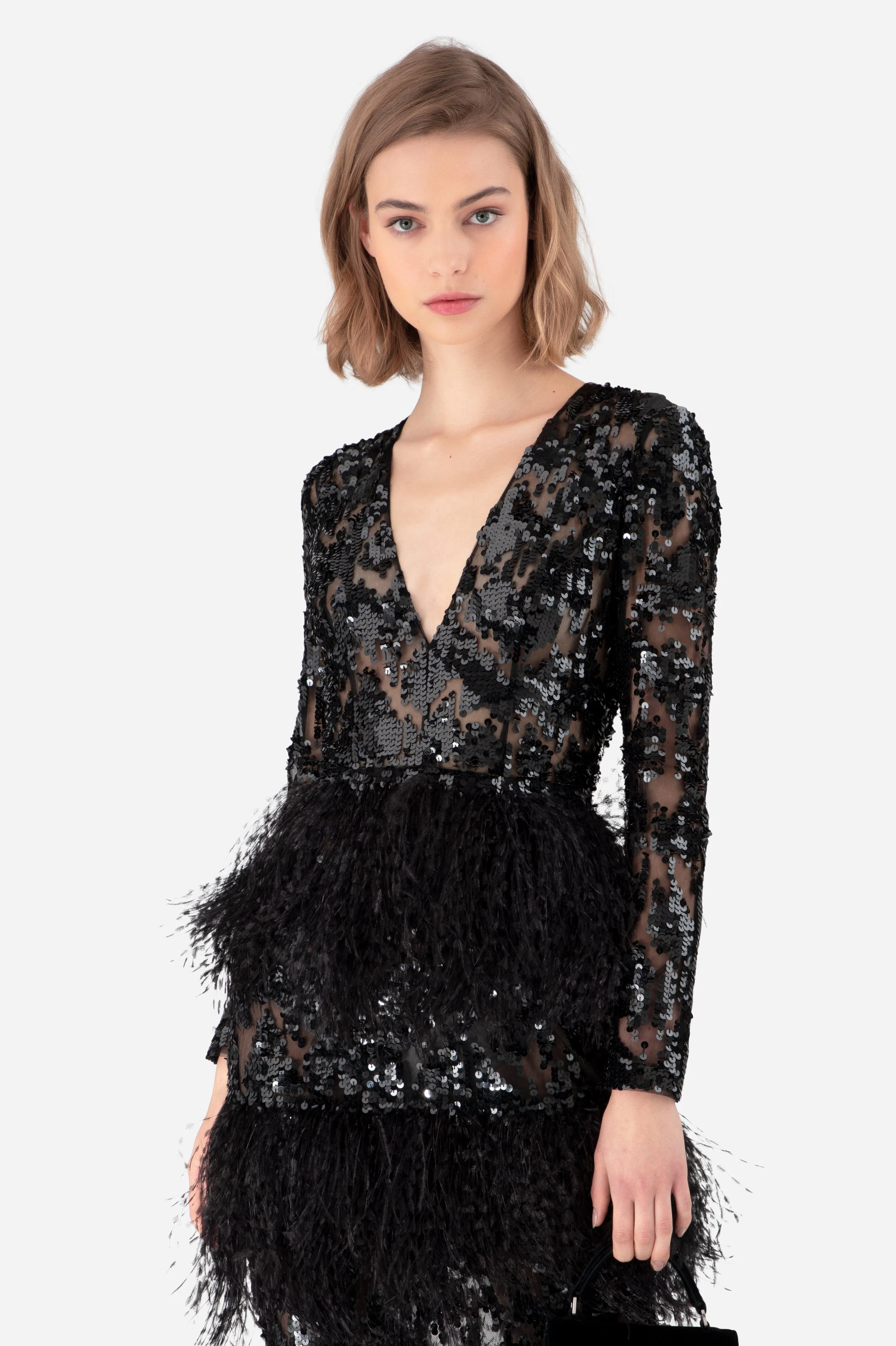 Black Invisible Tulle Embroidered V-Neck Midi Dress