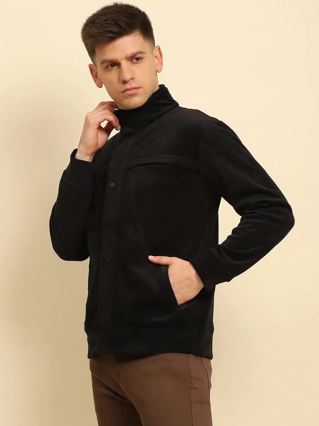 Black Ploy Blend Textured Regular Fit Jacket