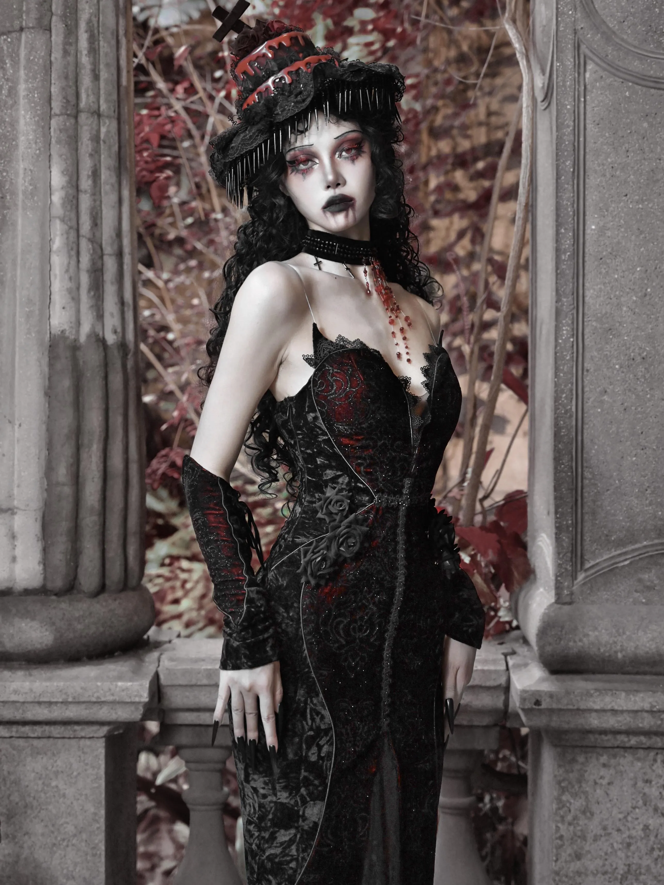 [Blood Supply] Scarlet Romance Gothic Velvet Mermaid Maxi Dress Gown