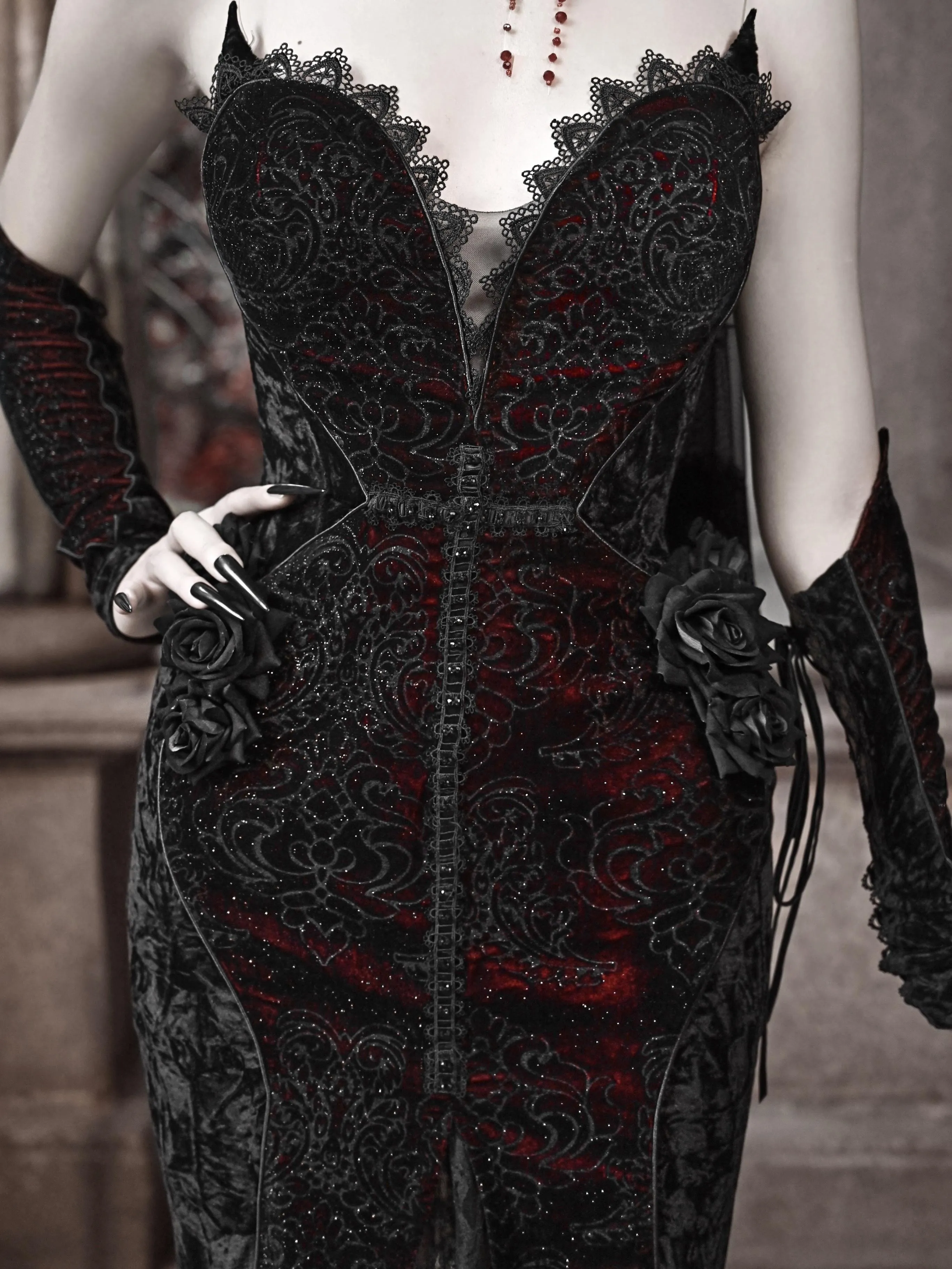 [Blood Supply] Scarlet Romance Gothic Velvet Mermaid Maxi Dress Gown