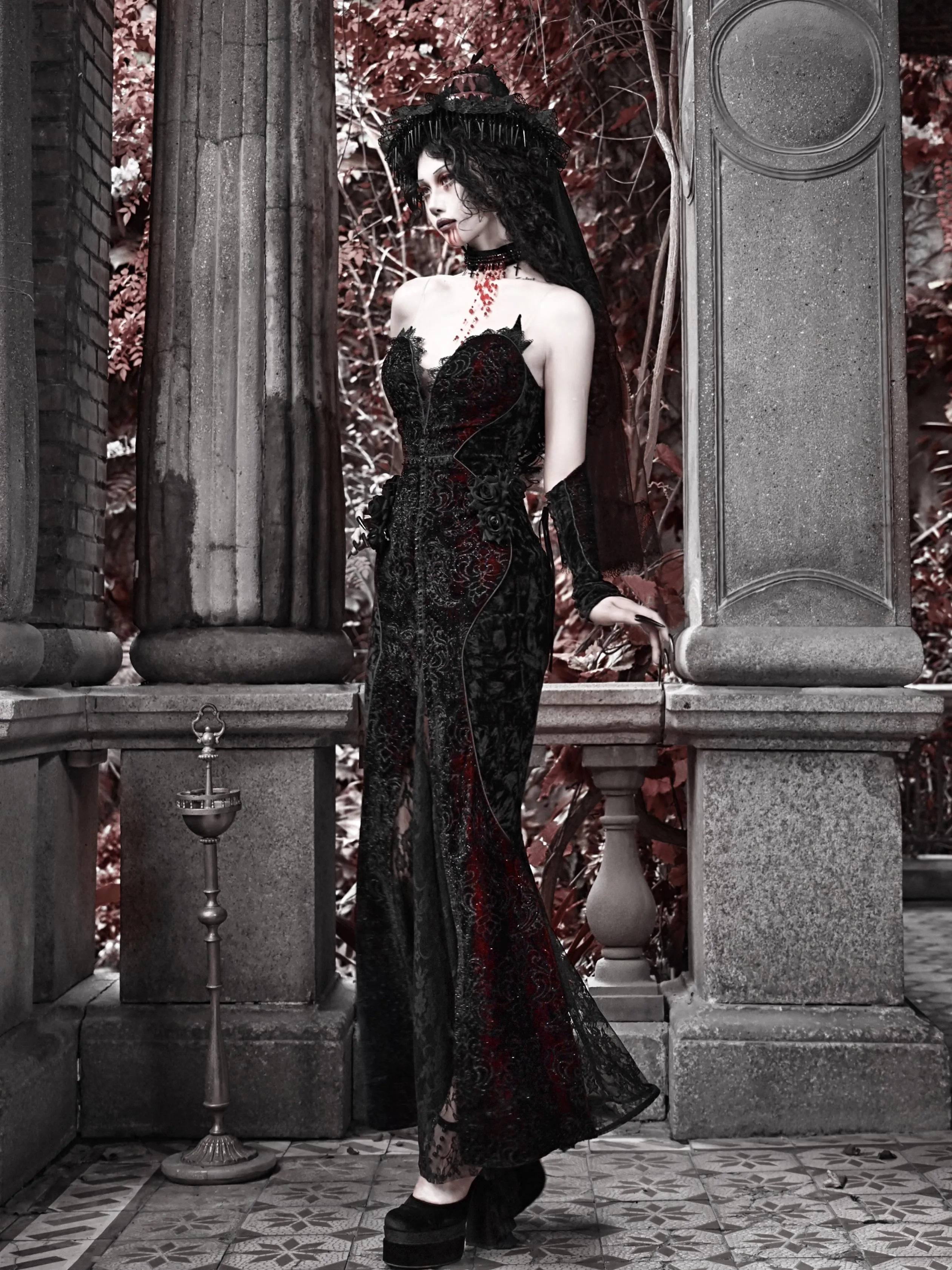 [Blood Supply] Scarlet Romance Gothic Velvet Mermaid Maxi Dress Gown