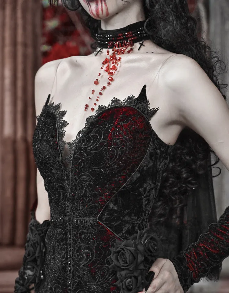 [Blood Supply] Scarlet Romance Gothic Velvet Mermaid Maxi Dress Gown