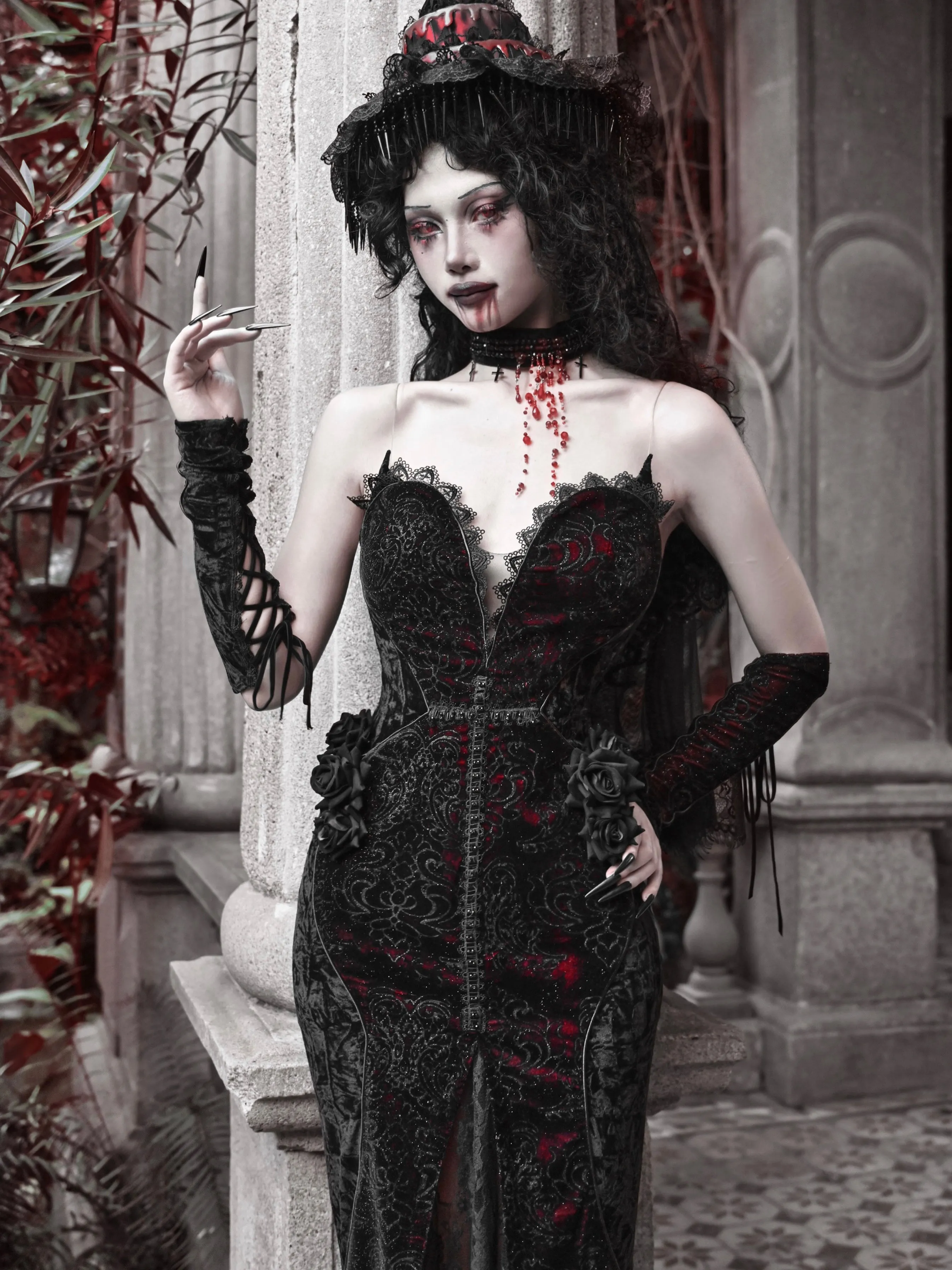 [Blood Supply] Scarlet Romance Gothic Velvet Mermaid Maxi Dress Gown