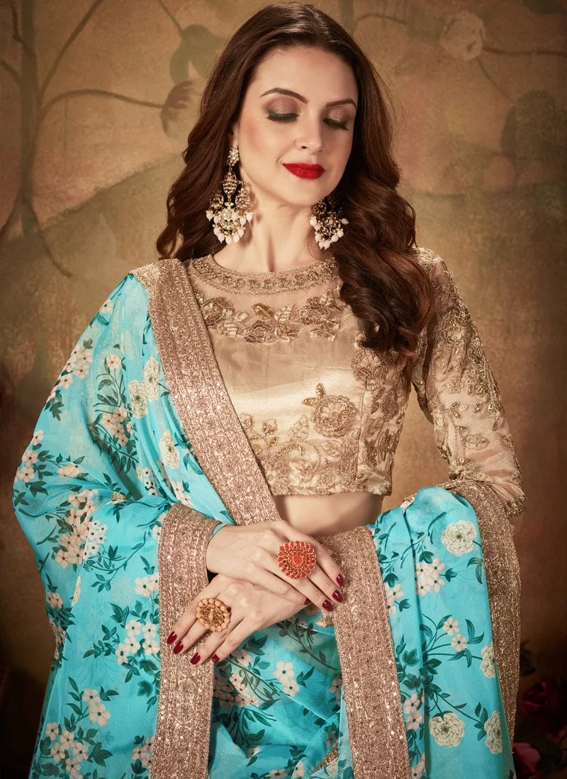 Blue And Beige Designer Lehenga Choli