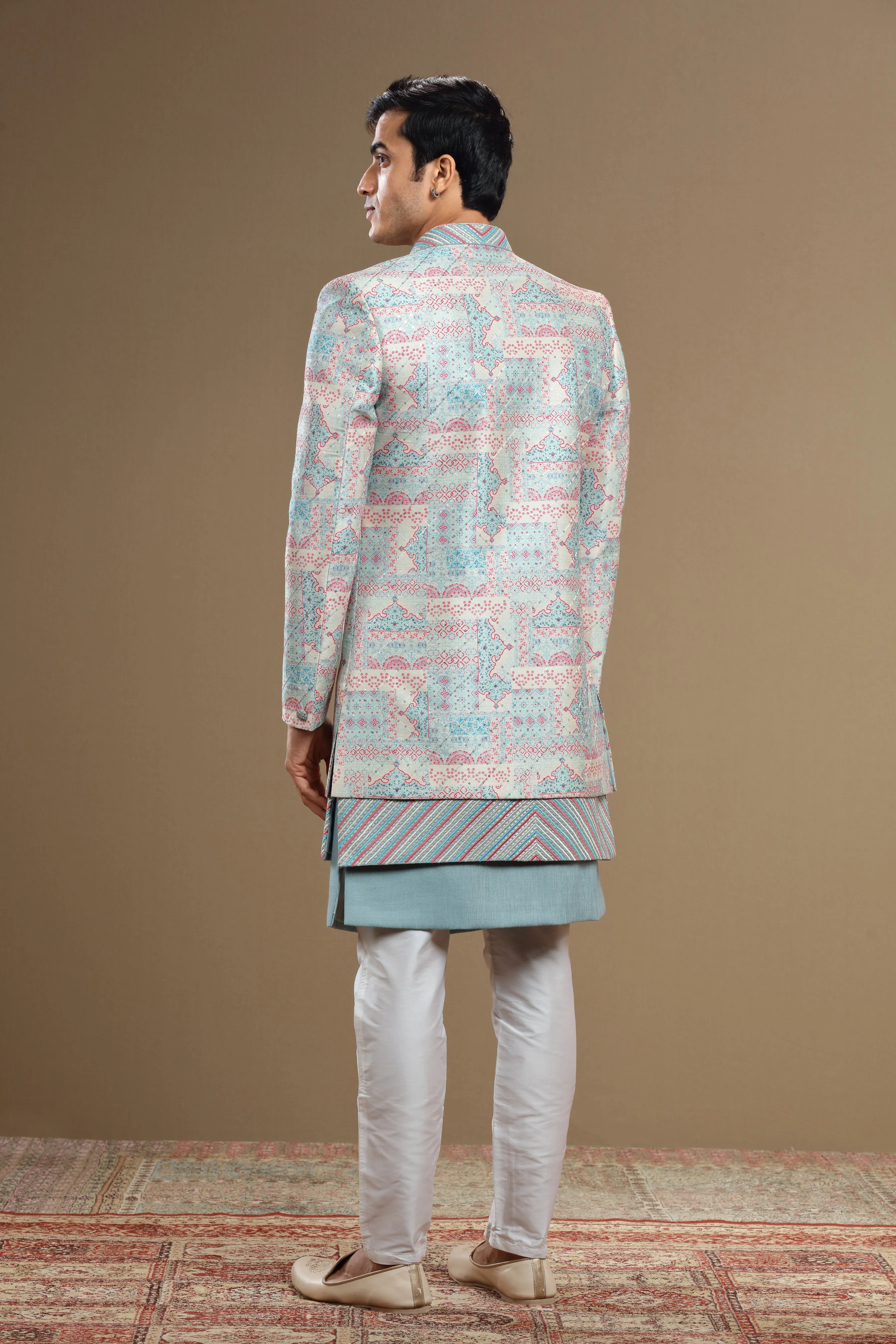 Blue Embroidered Silk jacket Set