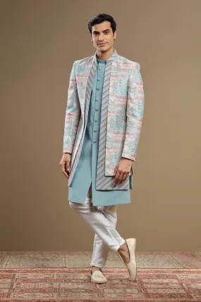 Blue Embroidered Silk jacket Set