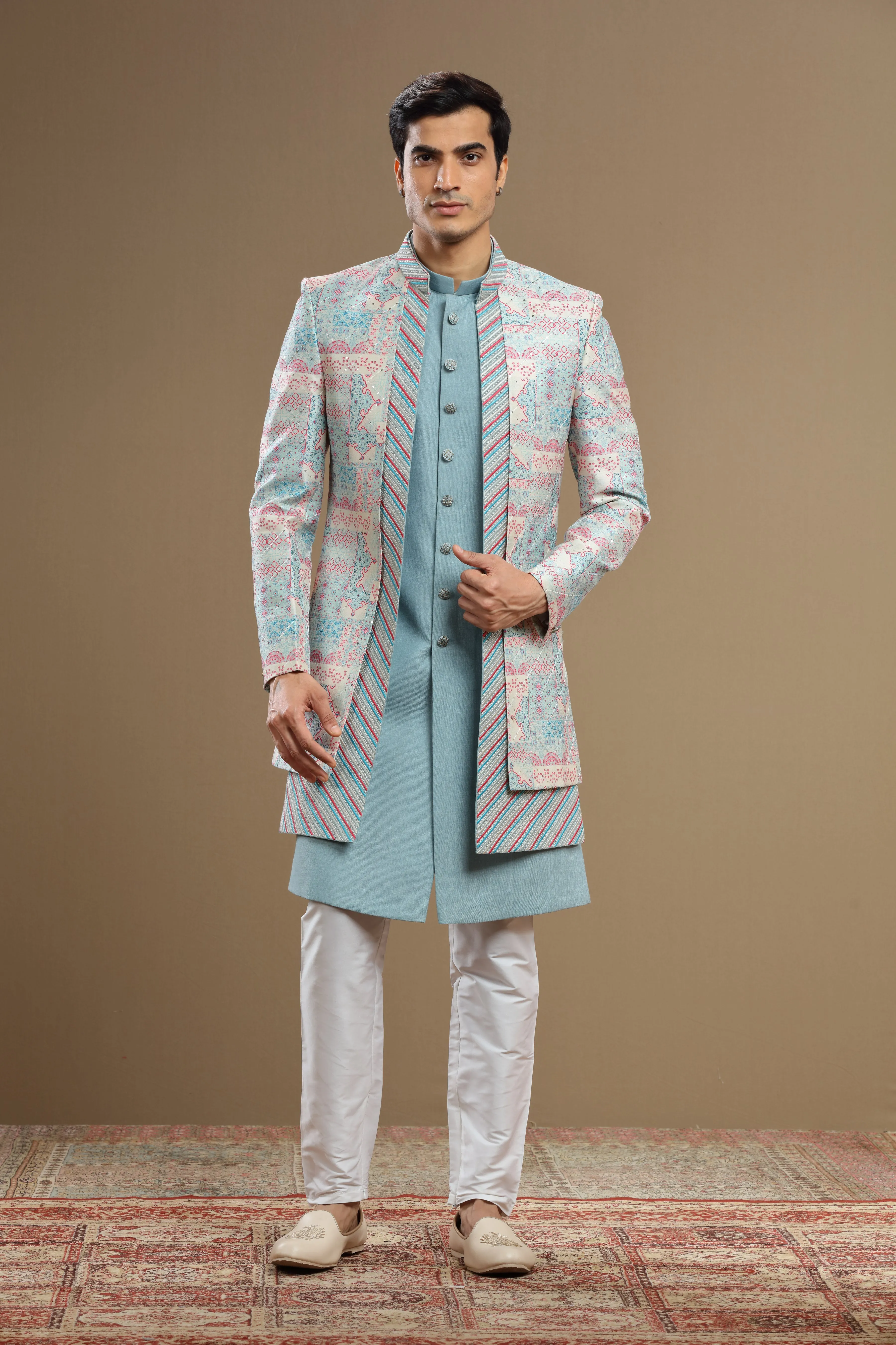 Blue Embroidered Silk jacket Set