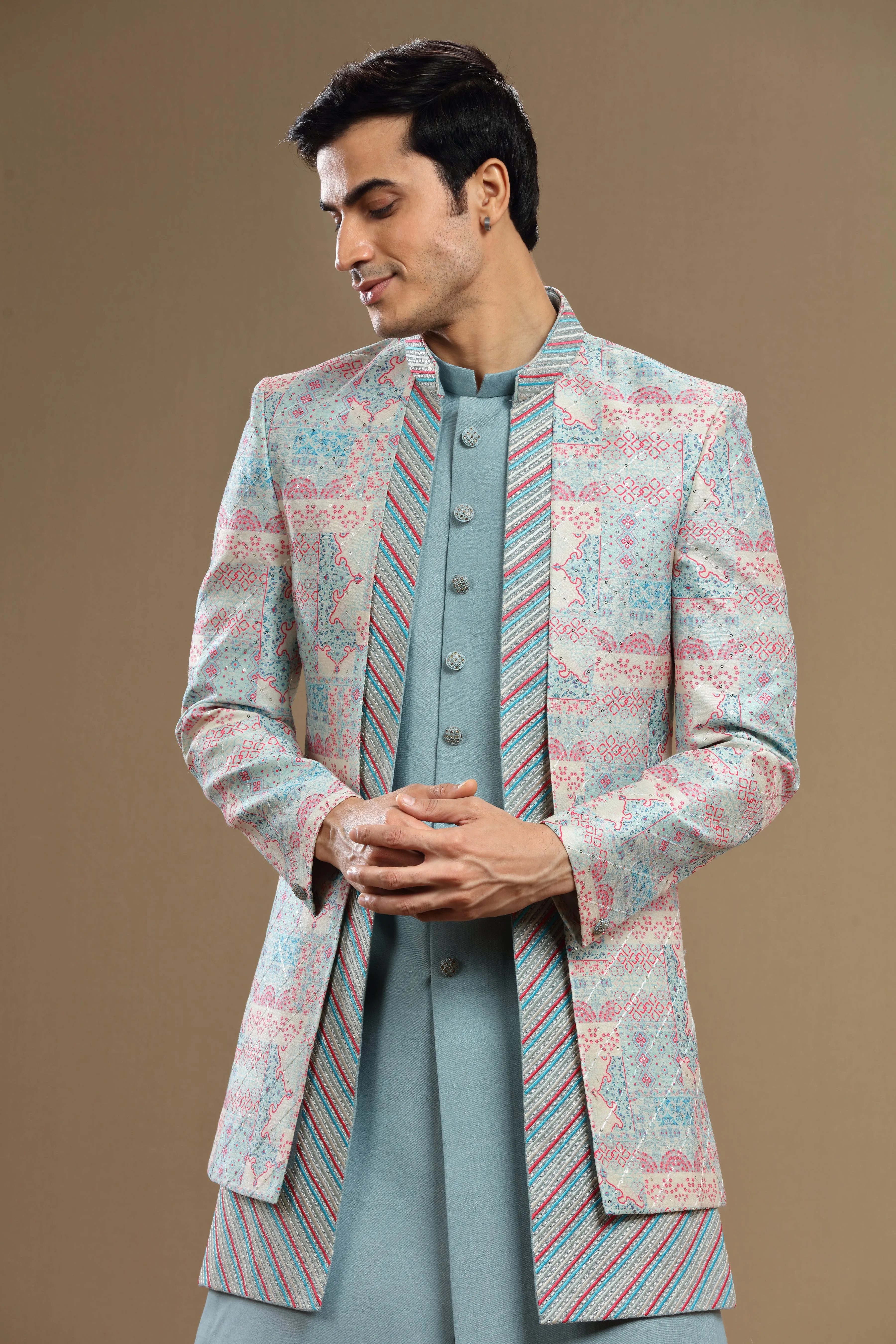 Blue Embroidered Silk jacket Set