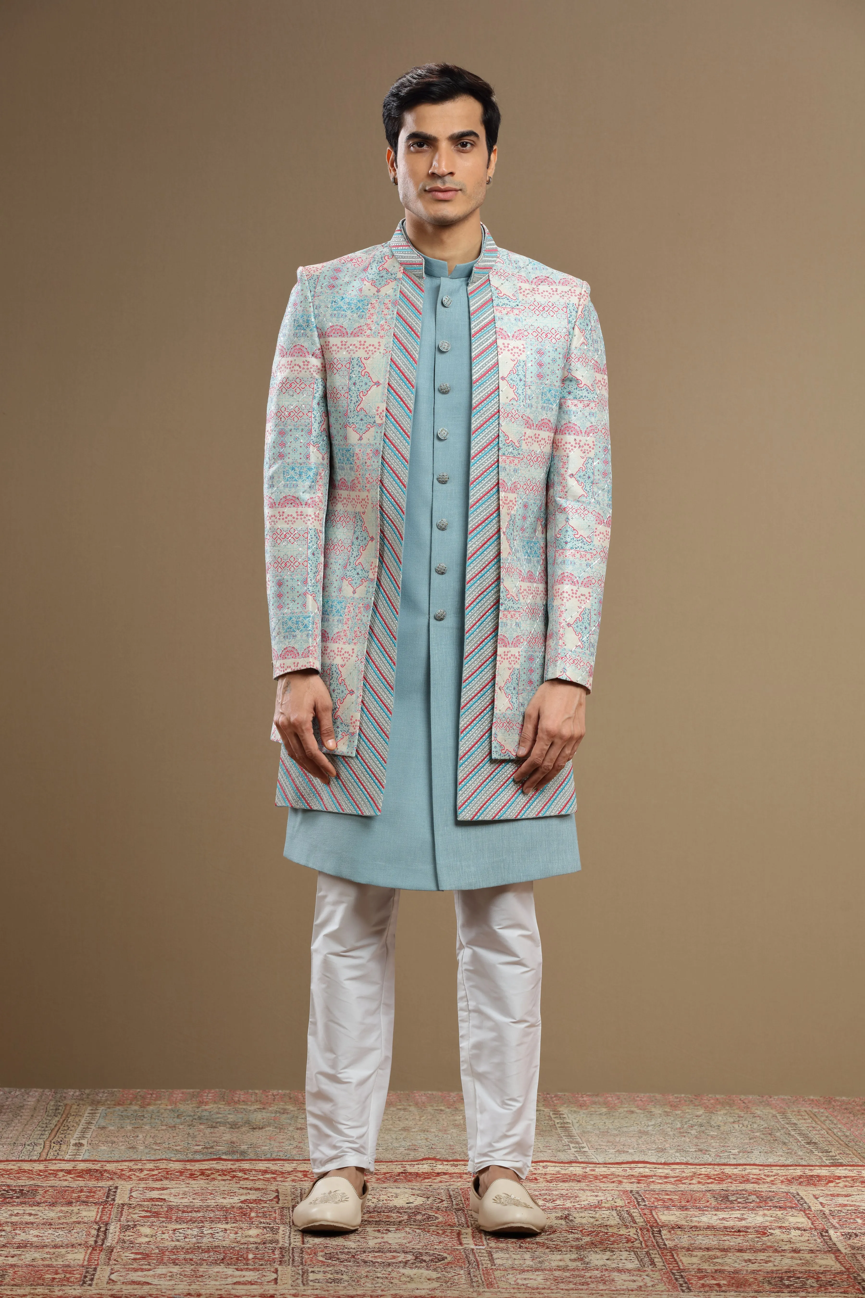 Blue Embroidered Silk jacket Set