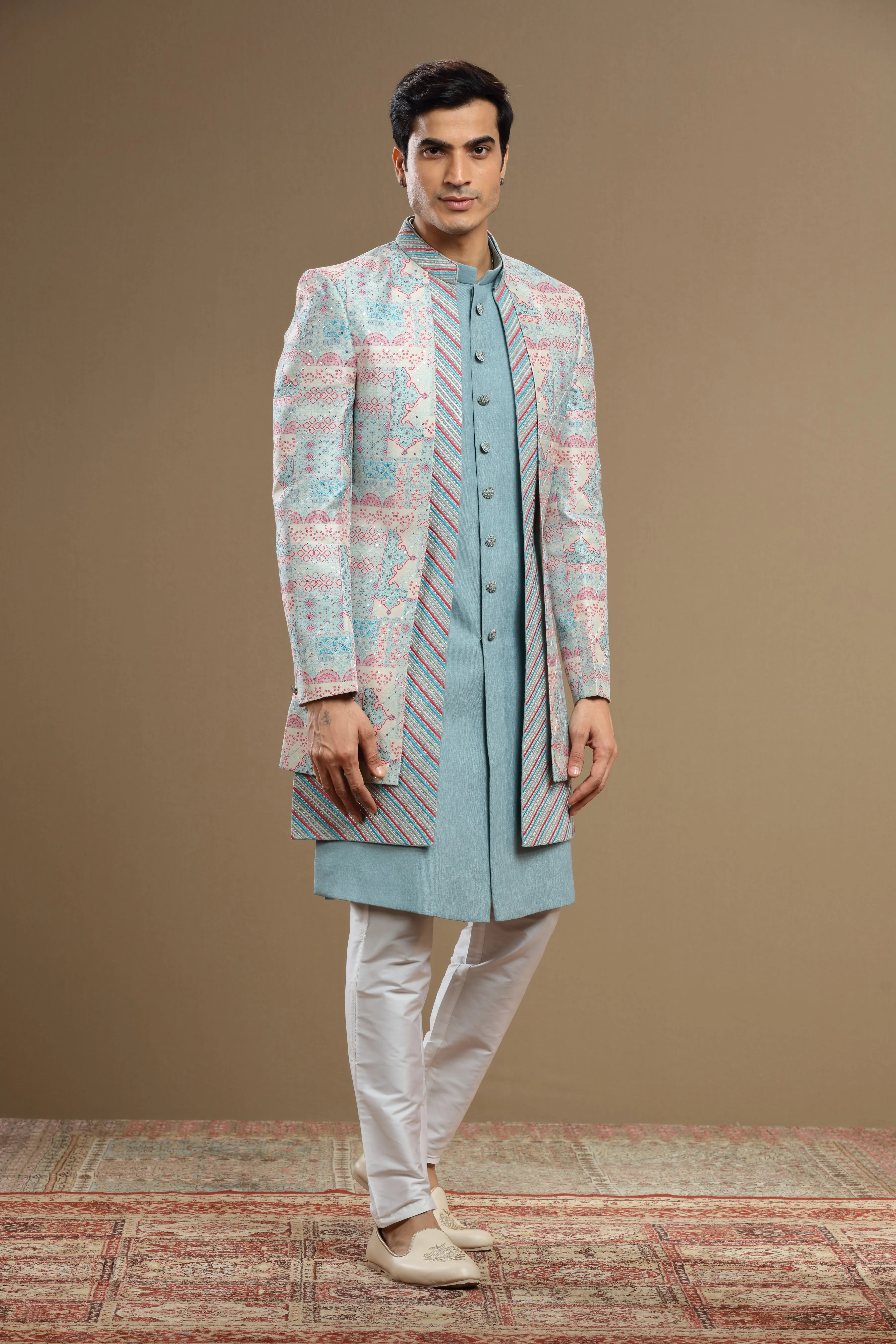 Blue Embroidered Silk jacket Set