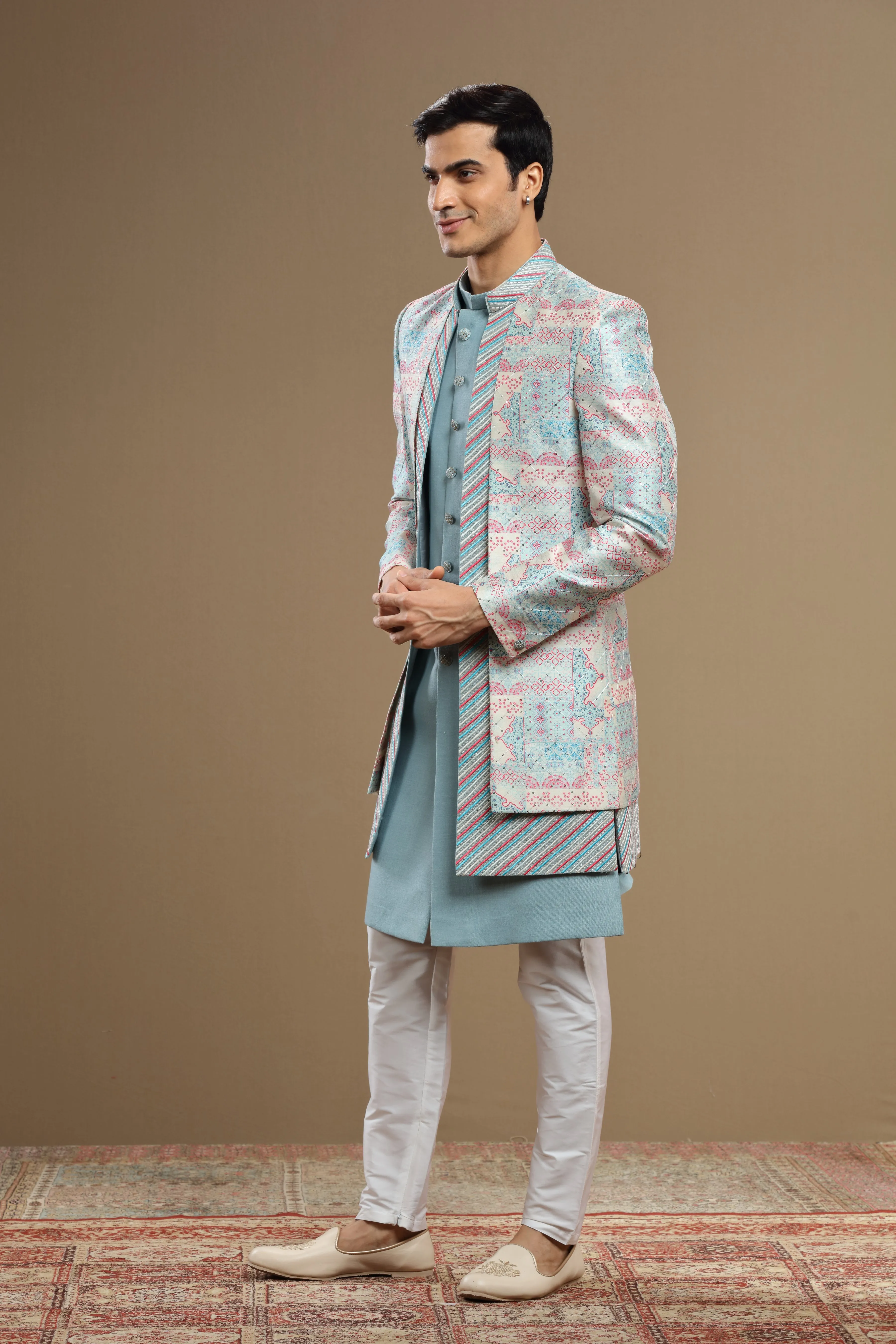 Blue Embroidered Silk jacket Set