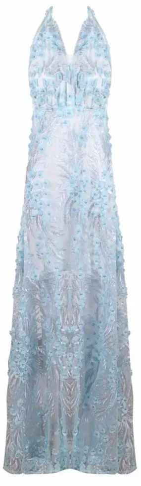 Blue Floral-Appliques Embroidered Sheer Halter Maxi Dress