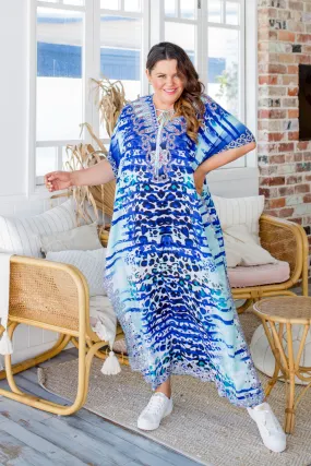 Blue Leopard Kaftan Maxi Dress