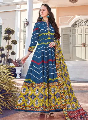 Blue Multi Colour Printed Cotton Silk Anarkali Suit