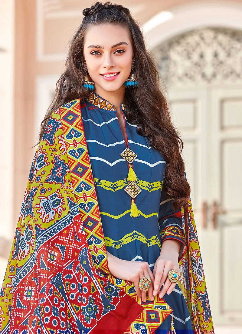 Blue Multi Colour Printed Cotton Silk Anarkali Suit