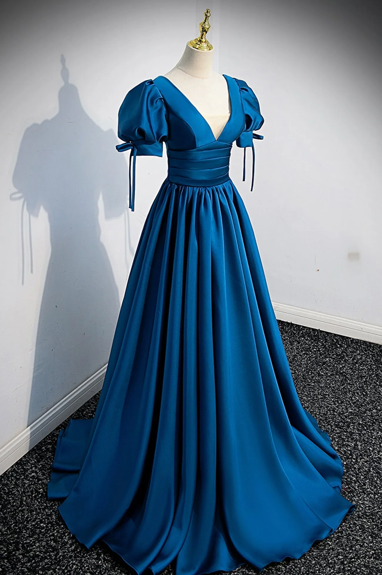 Blue V-Neck Satin Long Prom Dress, Simple A-Line Evening Dress