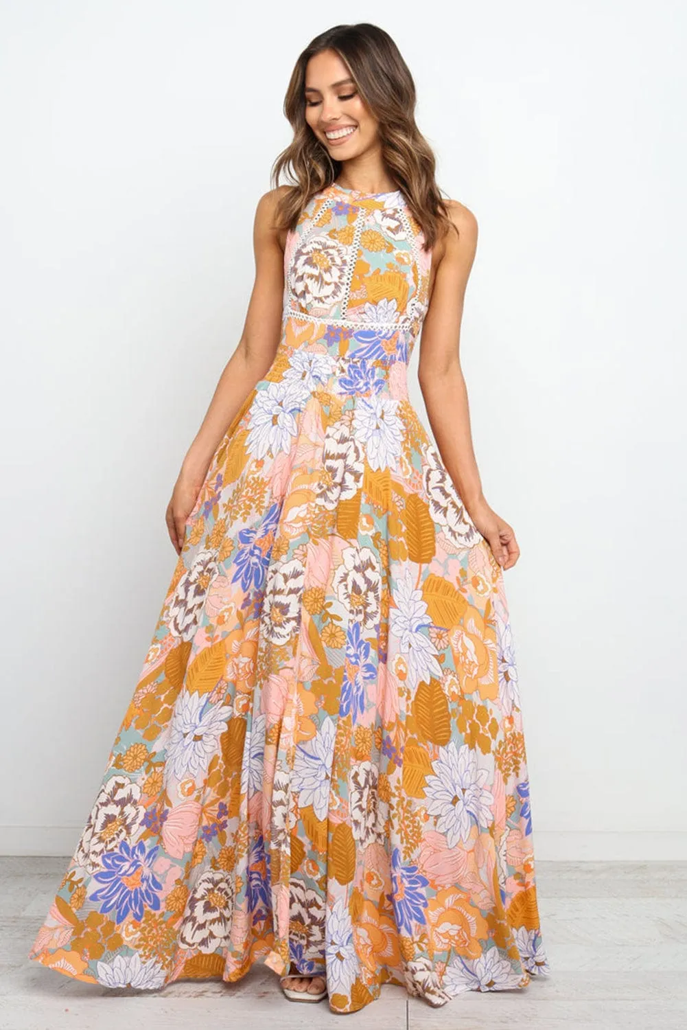 Bohemian Orange Floral Maxi Dress with Backless Detail