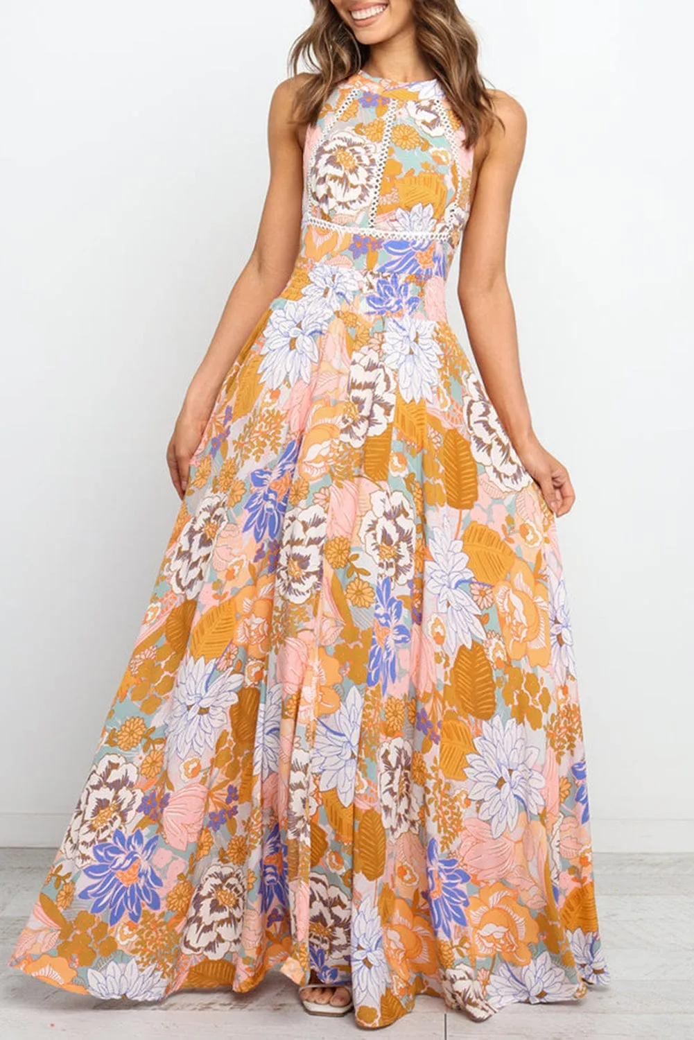 Bohemian Orange Floral Maxi Dress with Backless Detail