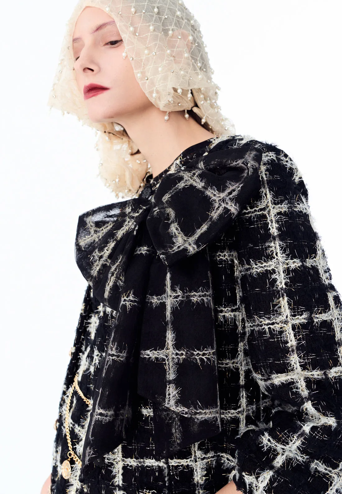 Bow Lurex Tweed & Mesh Coat Dress