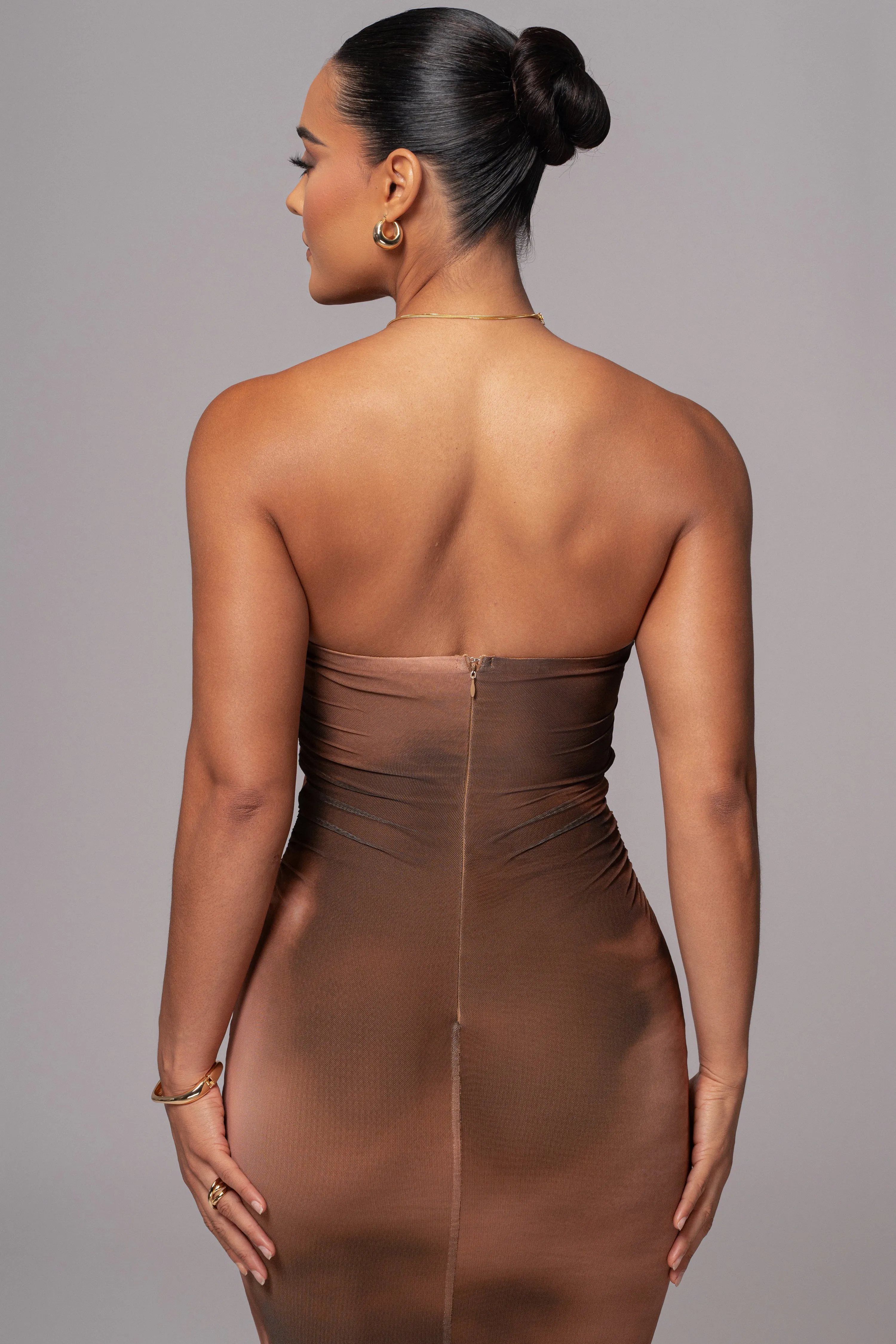 Brown Abstract Bethany Strapless Maxi Dress