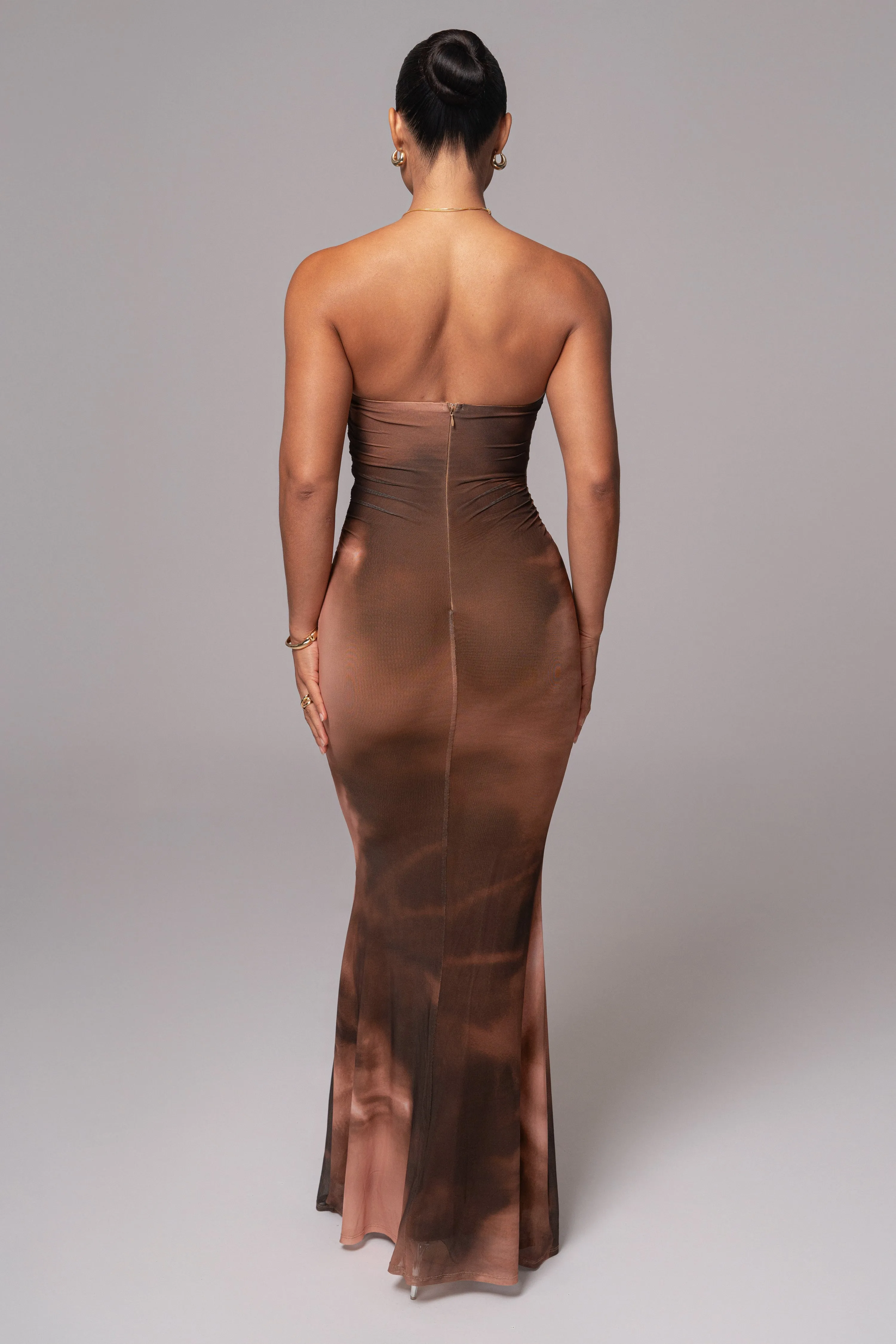 Brown Abstract Bethany Strapless Maxi Dress