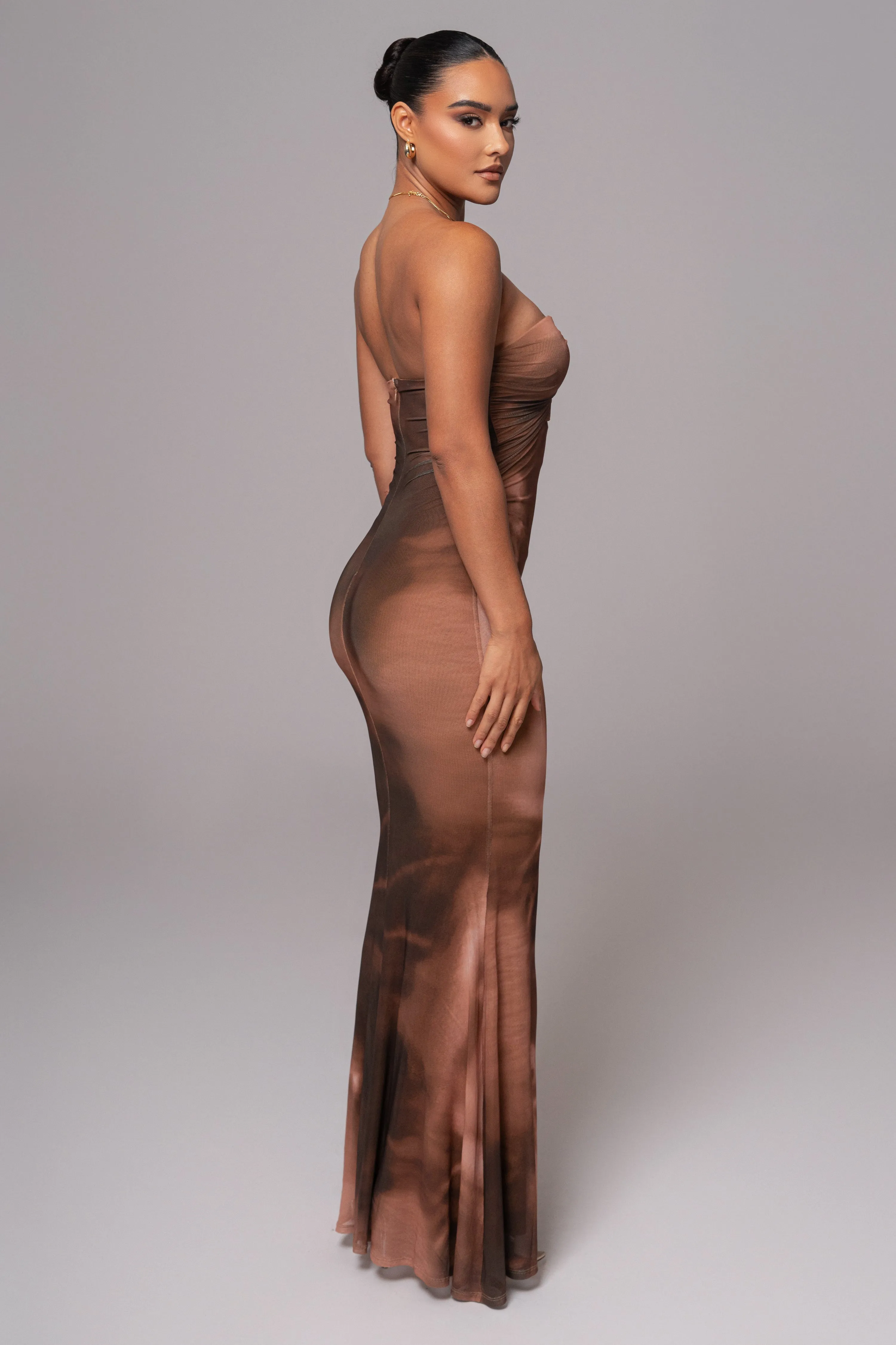 Brown Abstract Bethany Strapless Maxi Dress