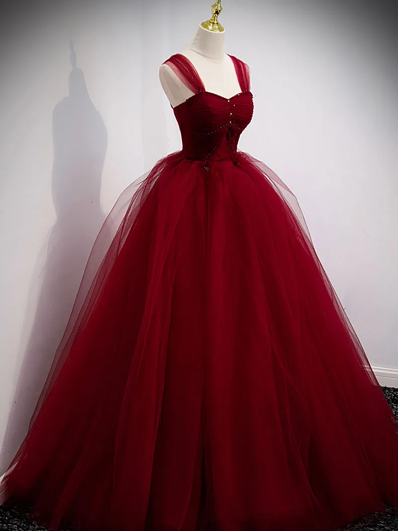 Burgundy Off Shoulder Tulle Long Prom Dress, Burgundy Formal Dress