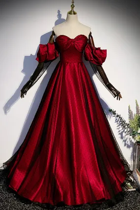 Burgundy Satin Tulle Long Prom Dress, A-Line Sweetheart Neck Evening Dress