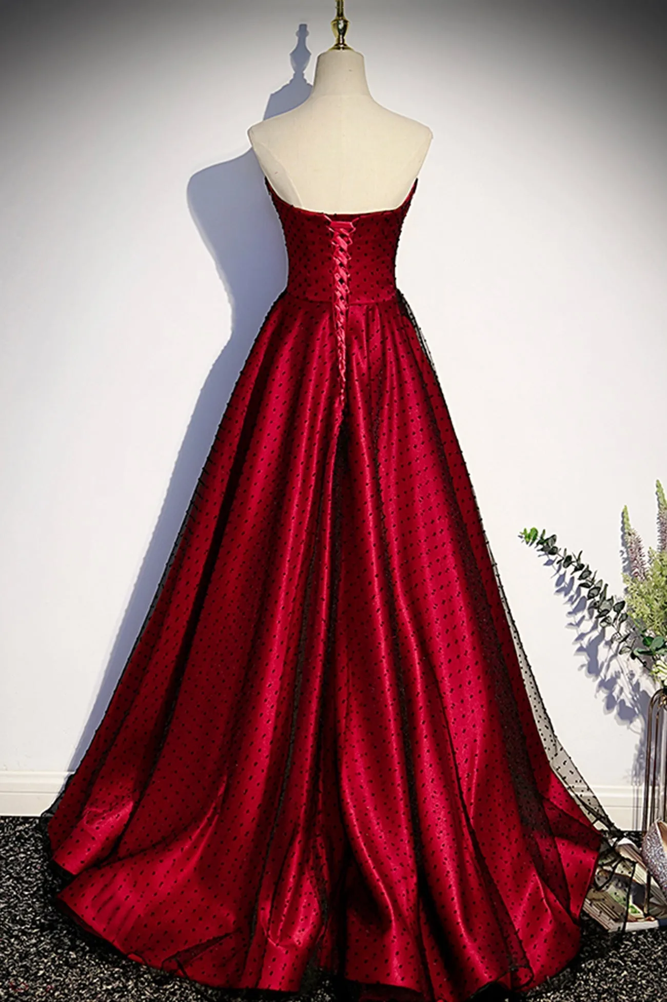 Burgundy Satin Tulle Long Prom Dress, A-Line Sweetheart Neck Evening Dress